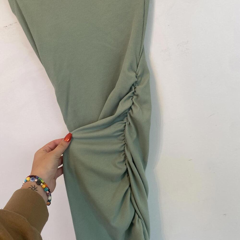 LULUS sage green ribbed one shoulder ruched mini dress - Picture 2 of 8